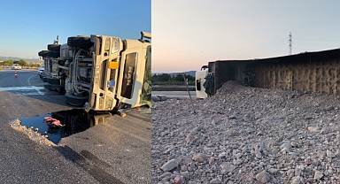 Medar kavşağında yine kaza! Tır yan yattı