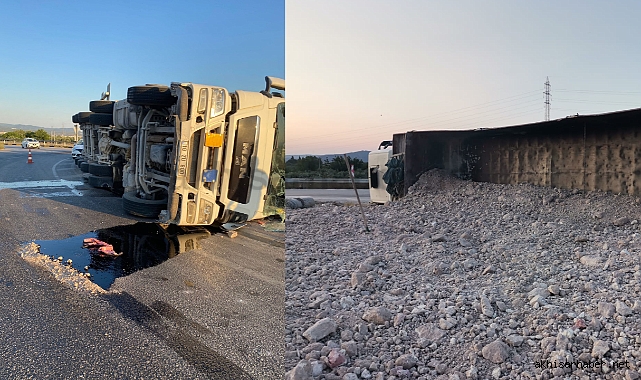 Medar kavşağında yine kaza! Tır yan yattı