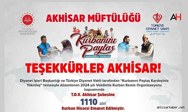 Akhisar’da Türkiye Diyanet Vakfı’na 1110 hisse kurban emanet edildi