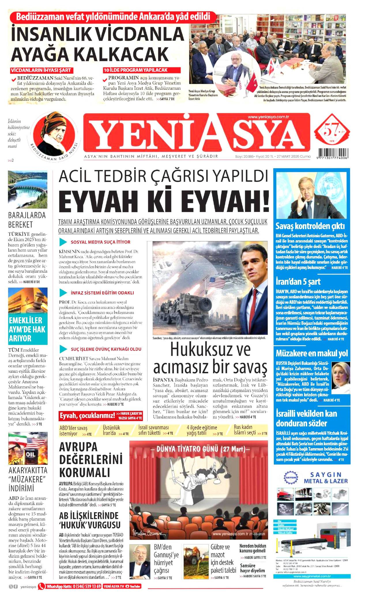 Yeni Asya Gazetesi Gazete Manşeti